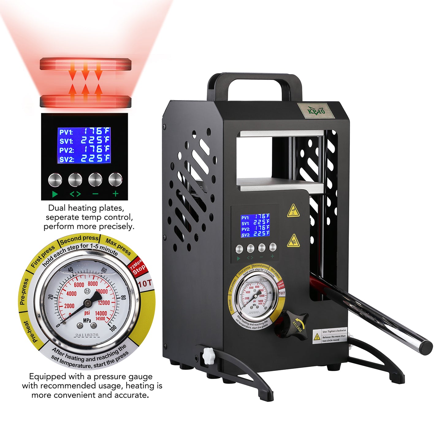 10 Tons Rosin Heat Press Machine with 5.5" X 5.5" Dual Heated Plates Manual Press with LCD Digital Display Screen & Precise Pressure Gauge 110V/220V