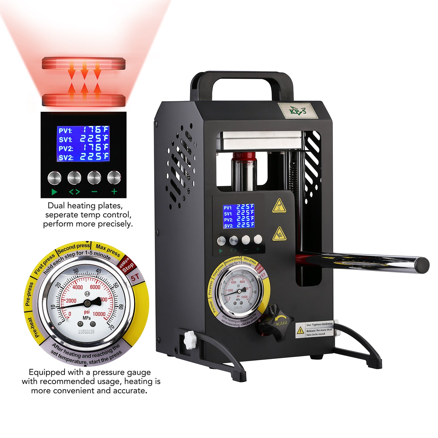 5 Tons Rosin Heat Press Machine with 4.7" X 4.1" Dual Heated Plates Manual Press with LCD Digital Display Screen & Precise Pressure Gauge 110V/220V