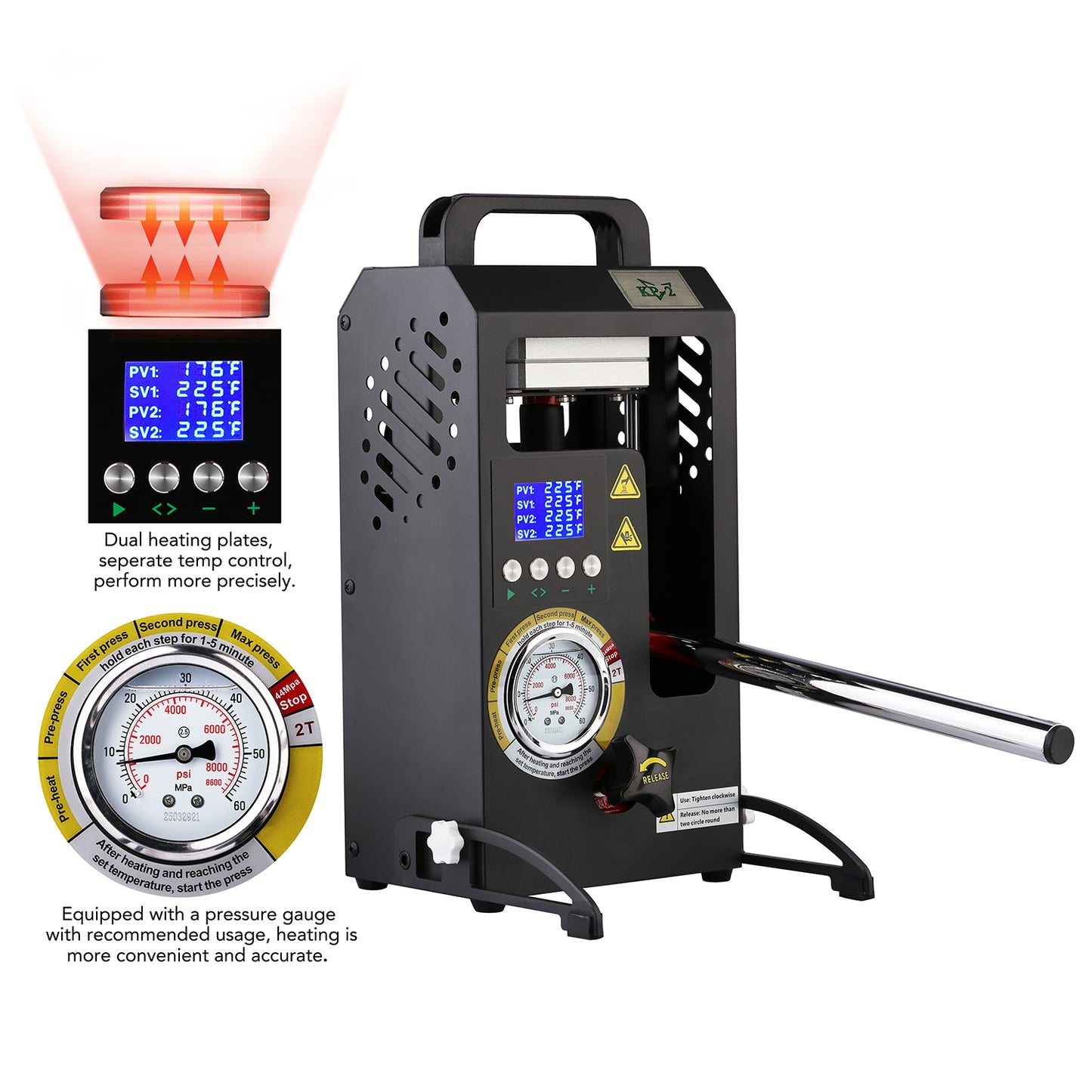 2 Tons Rosin Heat Press Machine with 3.55" X 3.15" Dual Heated Plates Manual Press with LCD Digital Display Screen & Precise Pressure Gauge 110V/220V