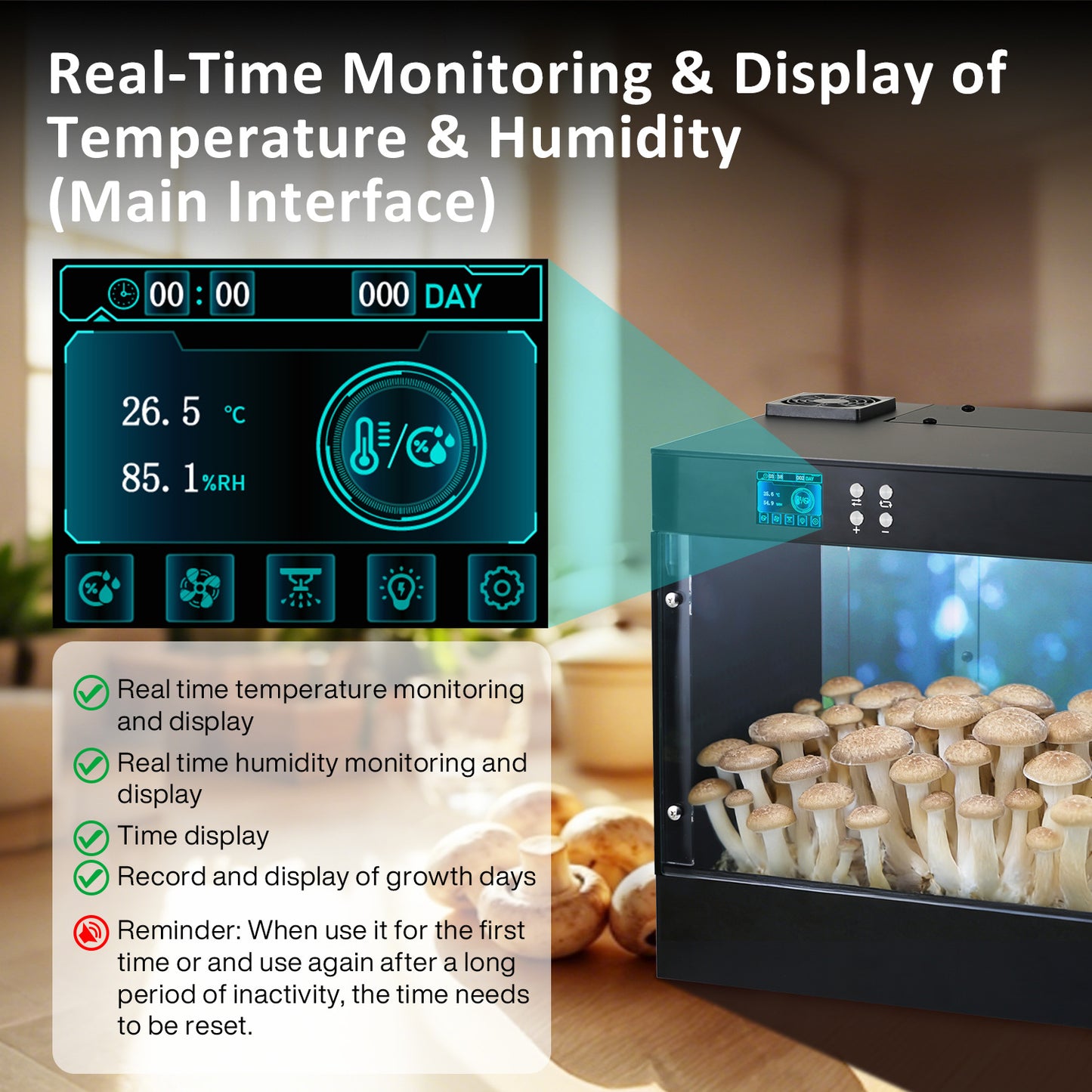 Smart Growing Box Fruting Chamber for Indoor Mushroom Cultivation Eco Box with Grow Lights & Lighting Lamps Temperature & Humidity Monitoring & Display Monotub Grow Kit with Automatic Humidification & Ventilation
